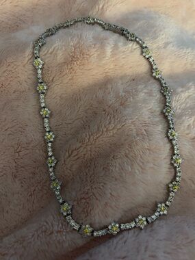 Elegant Two-Tone Floral Crystal Necklace - Silver with Yellow Accents CZ stones